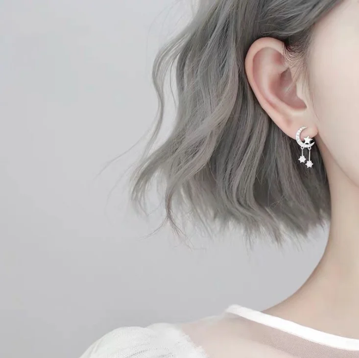 

925 sliver simple and sweet crystal rhinestone star and moon shape tassel earrings women, 1 color
