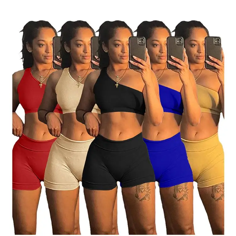 

PEARL High Quality Solid Color One Shoulder Small Pit Strip Sexy Women Two Piece Sets