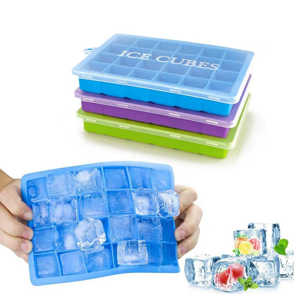 

24 Grids Silicone Ice Cube Tray with Lid Food Grade Silicone Ice Cream Maker Molds for Whiskey Cocktail, Pink / green / purple / blue