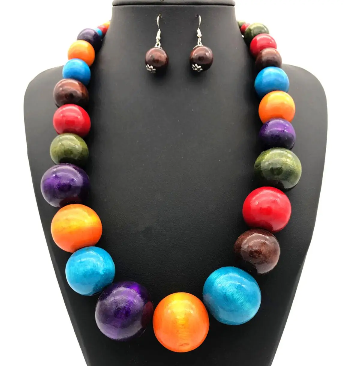 

Hot selling multi color wood jewelry set fashion multi color necklace earrings set wooden beads necklaces set for women XD200310