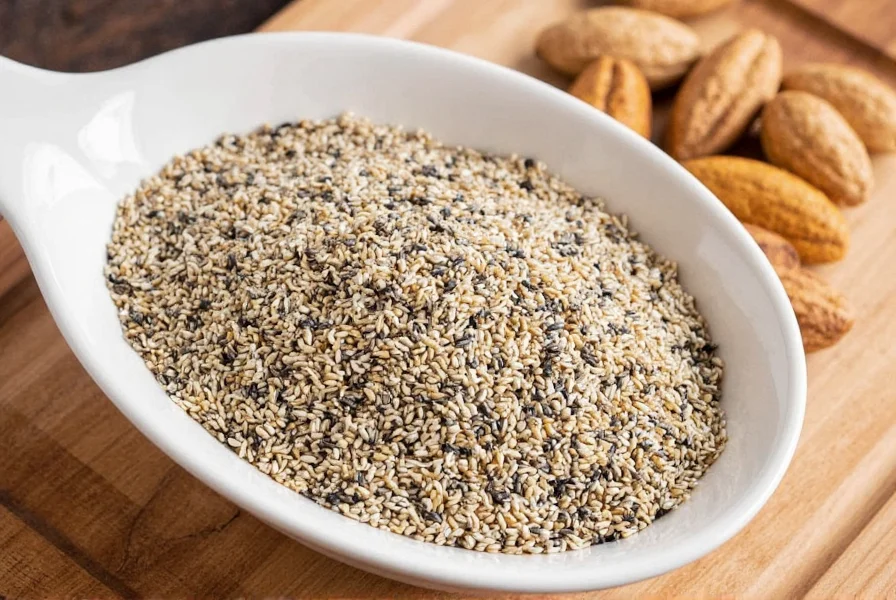 Black sesame seeds next to white sesame seeds on a wooden table