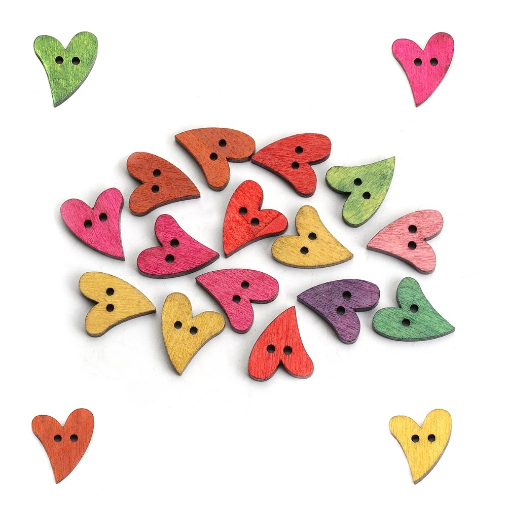 

100Pcs DIY Handmade Wooden Heart Buttons For Girl Clothing Decor Scrapbooking Needlework Craft Sewing Buttons Mixed Color, Picture