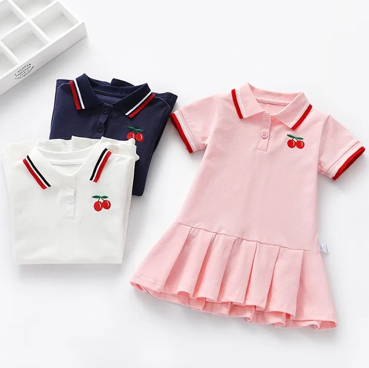 

2021 New Fashion Summer 2-10 Years Cotton Cherry Embroider Polo Children Casual Baby Girls' Dresses, White/pink/navy