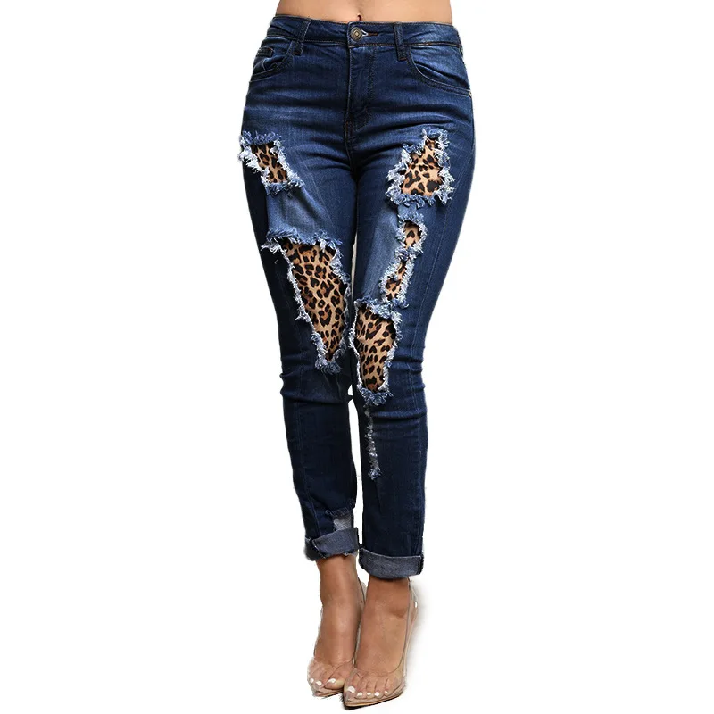 

Distressed Ripped Leopard Patchwork Skinny Jeans, Picture