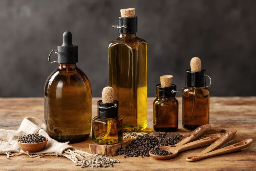Various black cumin oil bottles displayed on wooden table with seeds and measuring spoons