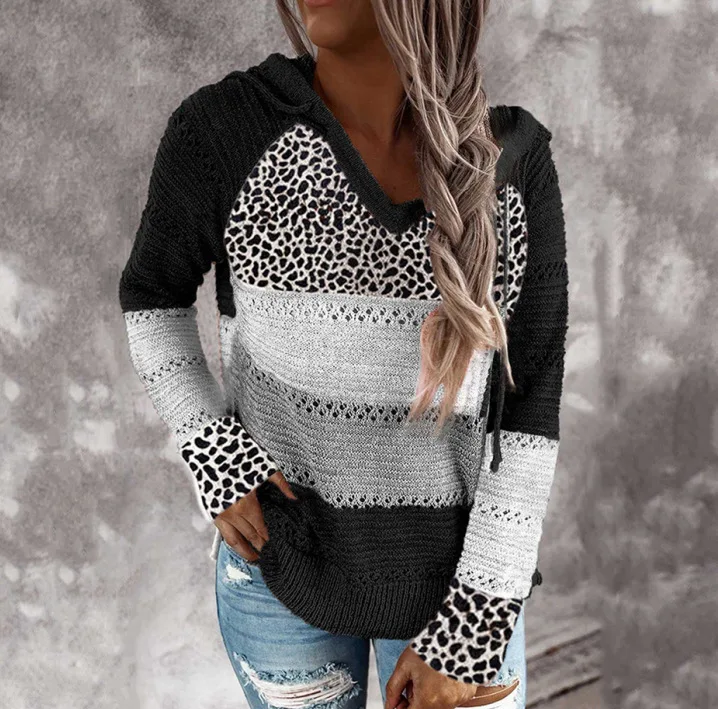 

New Autumn and Winter New Women Striped Hooded Sweater Leopard Print Tops