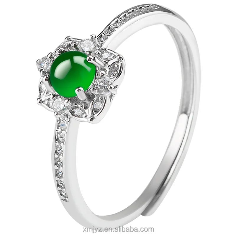 

Certified Grade A S925 Silver Inlaid Natural Emerald Green Ice Jade Stone Ring Fashion Men's Ring Women's Adjustable