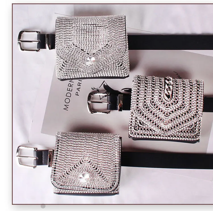 

Wholesale amazon ladies punk fashion full rhinestone waist bag street pu leather rhinestone belt small square bag, Silver