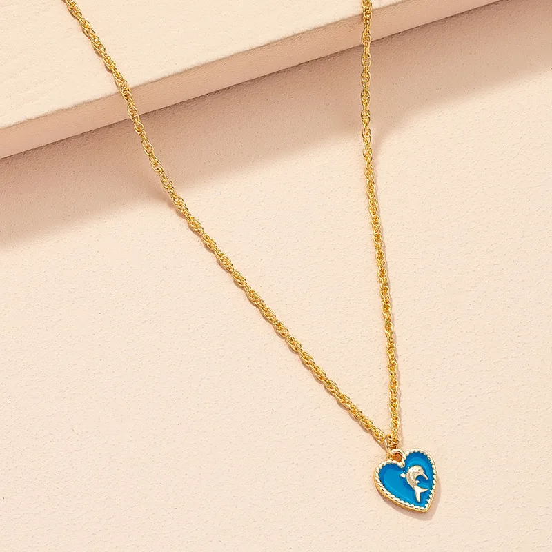 

HPXmas Women Accessory Gold Plated Heart Dolphin Pendant Necklace Stylish Blue Dolphin Heart Dripping Oil Clavicle Necklace