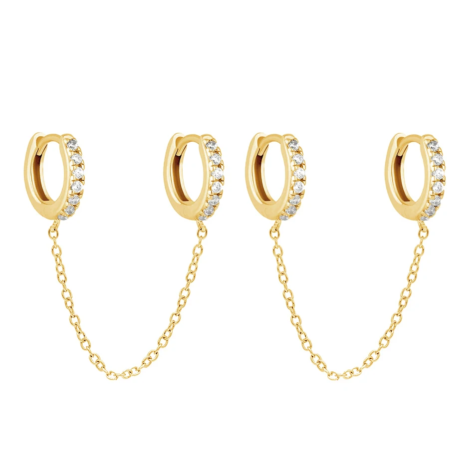 

Fashion Jewelry Brass 18k Gold Plated Double Chain Earrings With Cubic Zirconia