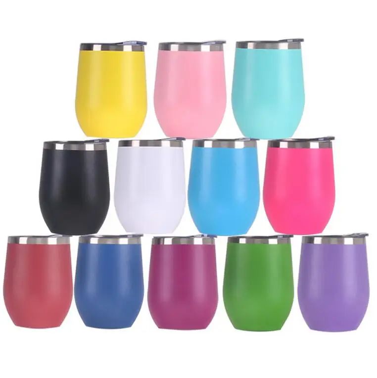 

12OZ Egg Shape Reusable Coffee Cup Beer Mug Stemless Stainless Steel Vacuum Insulated Wine Glass With Lid, Silver,pink,red,blue, green,purple and so on