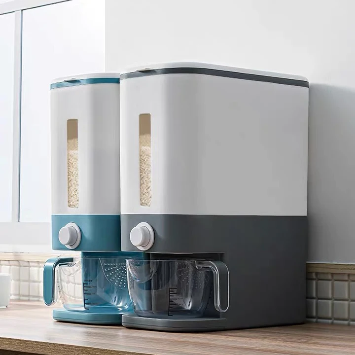 

Household Plastic Rice Storage Food Box Plastic Storage Container with Rice Dispenser, Blue,gray