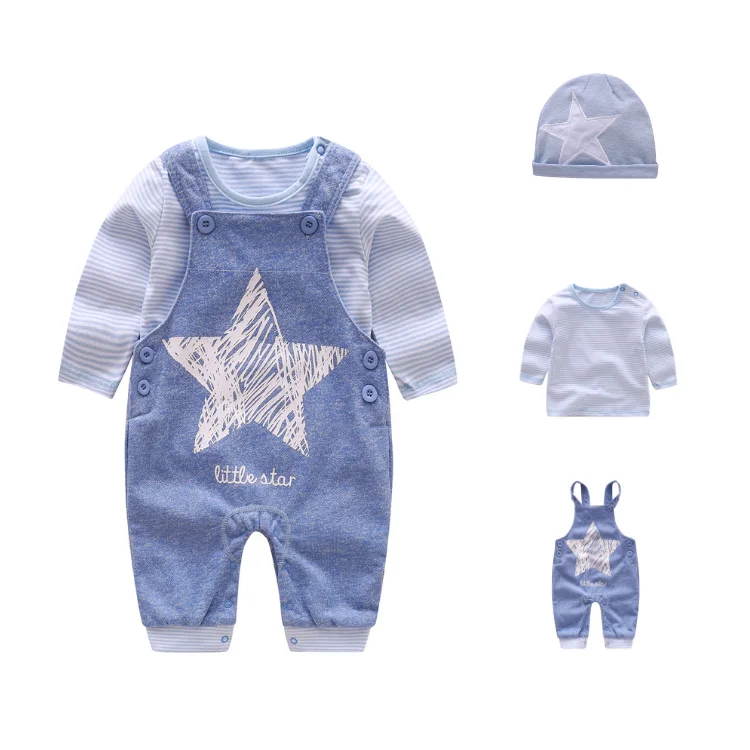 

High quality Baby unisex Overalls And T-Shirt Baby Cartoon Star Three-Piece Baby Clothing Sets, Blue