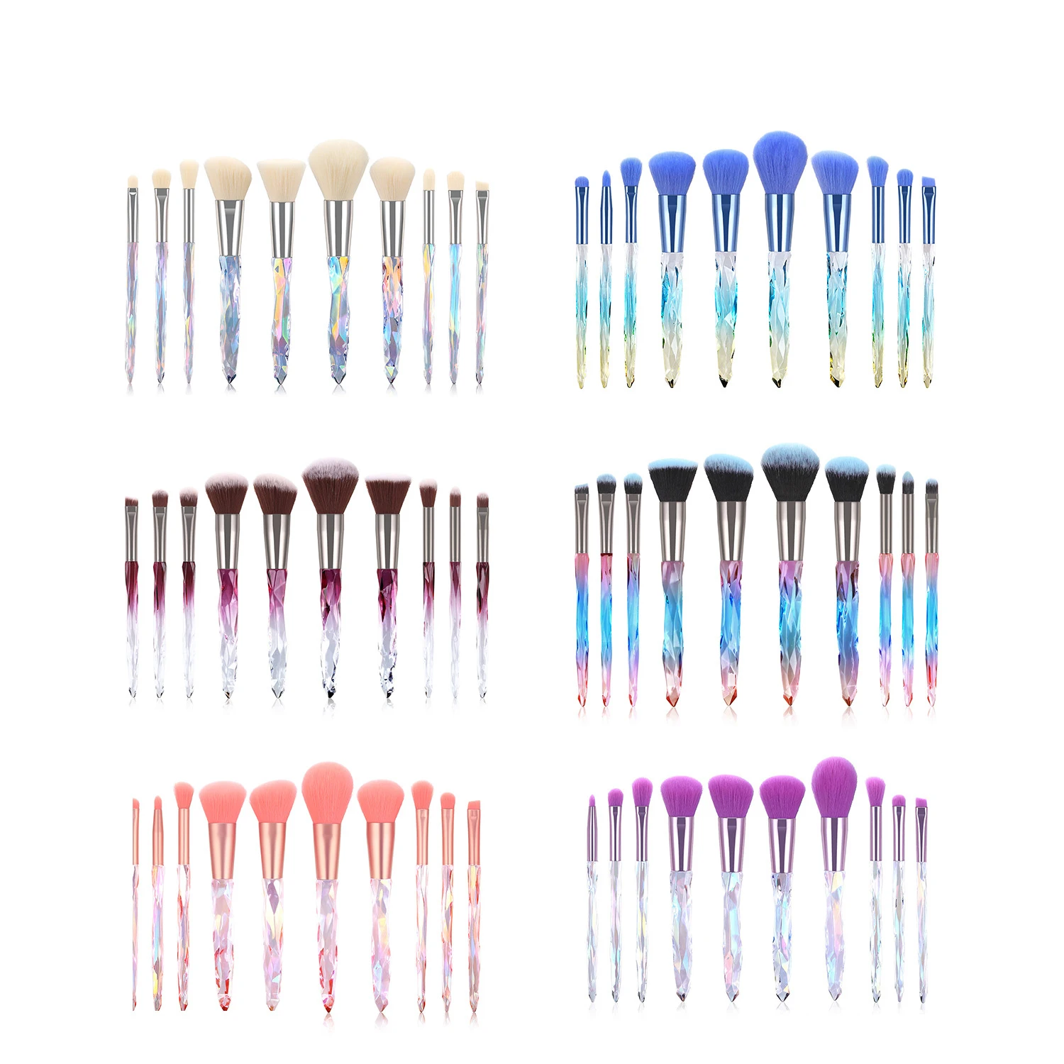 

professional luxury 10pcs holographic crystal handle makeup brush set, Pink/white/blue/purple/dark blue/wine red