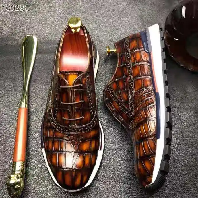 

2021 New arrival men casual shoes luxury real crocodile skin customize branded shoes men breathable fashion sneakers for men, Orange