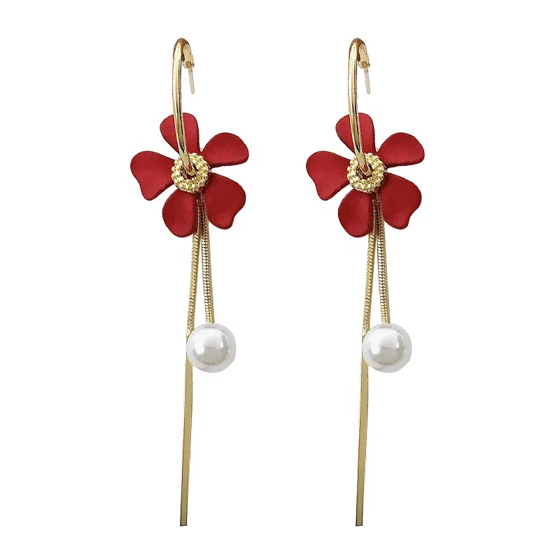 

Red Flower Tassel Earrings Fashion Pearl Women's Earrings, Picture