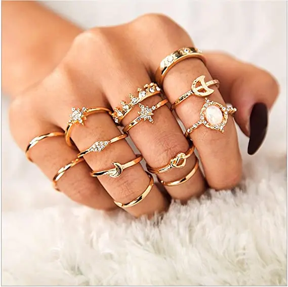 

R.GEM. 13 Pcs Women Knuckle Gold Bohemian Girls Vintage Gem Crystal Joint Knot Ring Sets for Teens