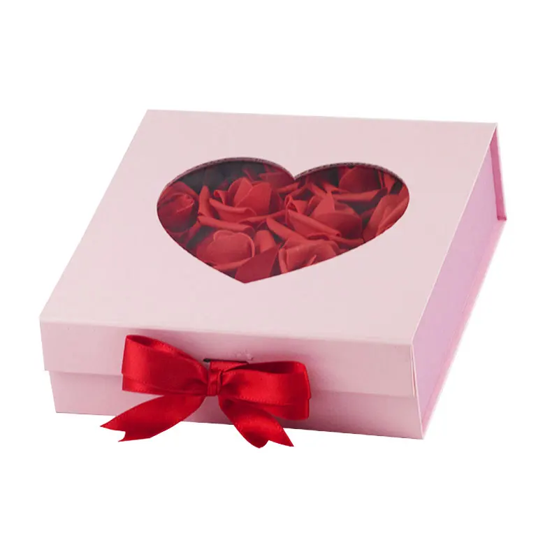 

Bespoke pink rose flowers wedding gift packaging boxes with heart shape window