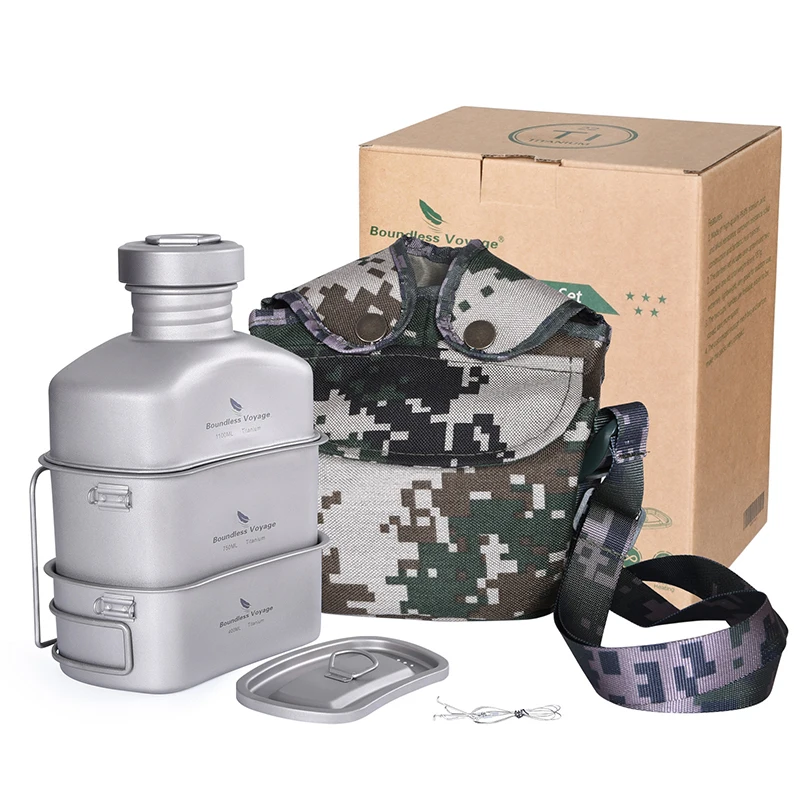 

Boundless Voyage Outdoor Portable Cookware Equipment Military Pure Titanium Kettle Lunch Box Set, Silver