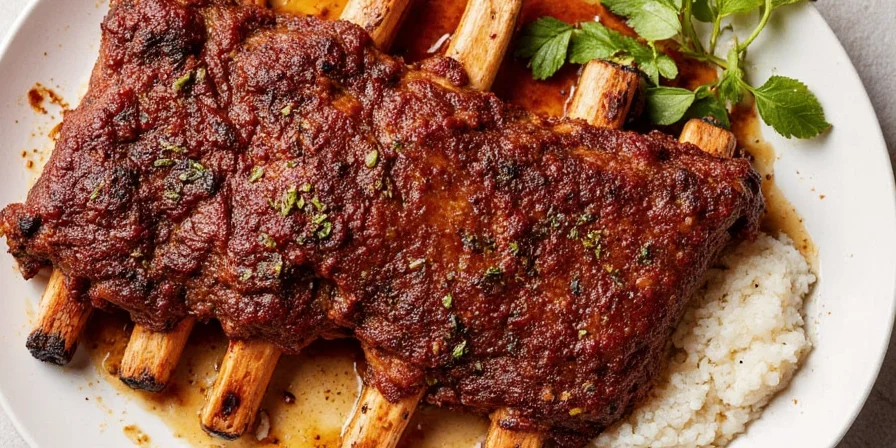 Coffee ground and coriander rubbed ribs on a baking sheet