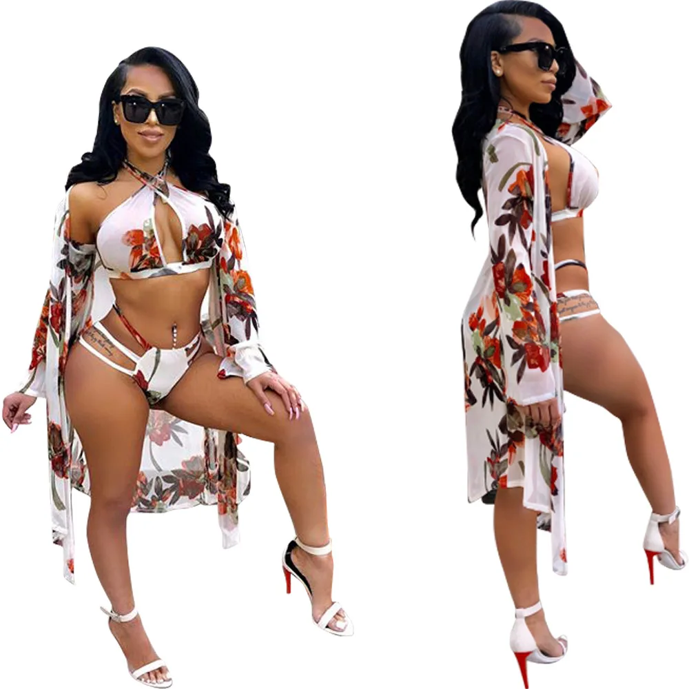 

Wholesale thong bikini set halter beachwear sexy bathing suits designer print 3 piece bikini set swimsuit with cover ups, Solid