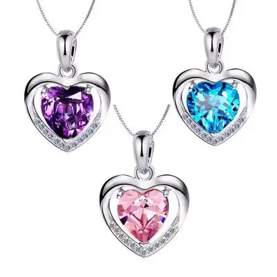 

Women Jewelry S925 Sterling Silver Zircon Heart Necklace Multi Color Crystal CZ Heart Pendant Necklace For Valentines Gift