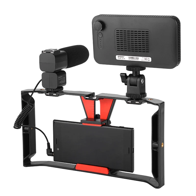 

Live Broadcast Equipment Vlog Kit Mobile Phone Stabilizer Phone Mount with LED Light and Microphone, Black