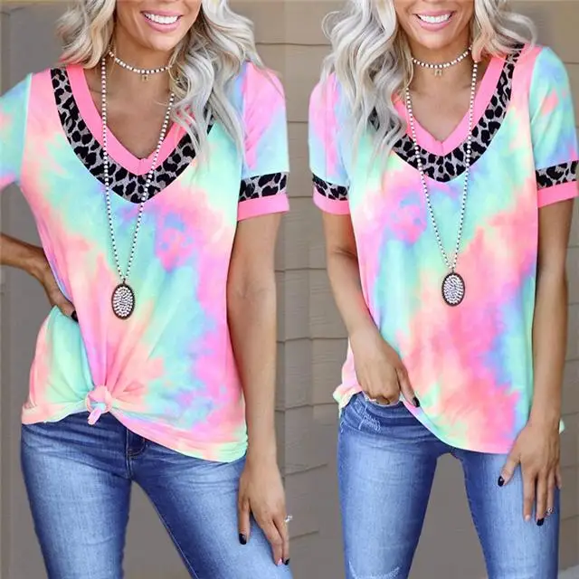 

2021 Summer New Hot Style Tie-dye Printing Short-sleeved V-neck Casual T-shirt, Picture color