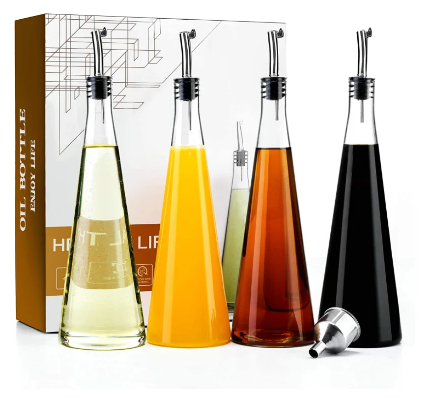 

Stainless Steel Pourer Spouts Funnel 18 oz Cooking Oil Glass Bottles For Kitchen Olive Oil and Vinegar Dispenser, Transparent