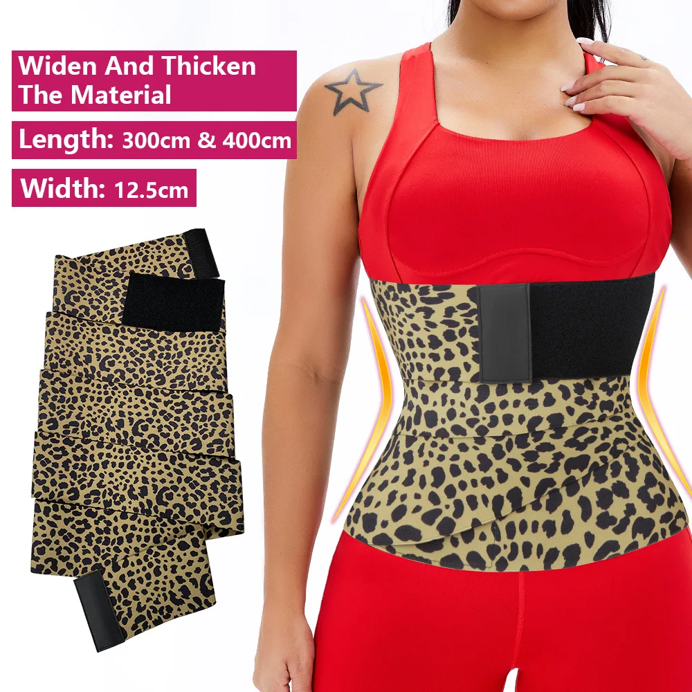 

Leopard Print 4M Length 12.5cm Width Nylon Bandage Cincher Custom Logo Waist Trainer for Women Sauna Trimmer Belt Tummy Wrap, Black, or customized color