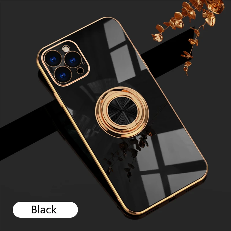 

Luxury Plating Silicone Case for Iphone Plain Metal Ring Holder Stand Soft Phone Cover Tpu Matte Back Estuches Para Celulares