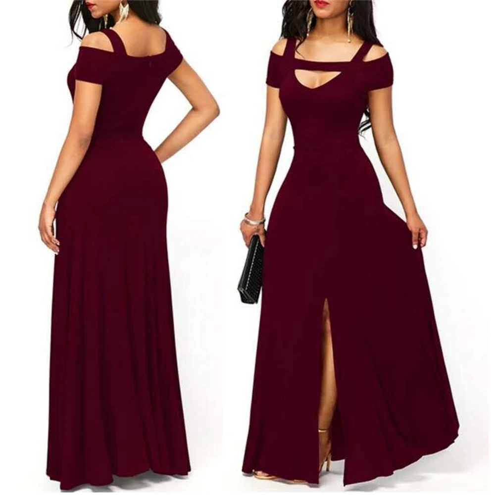 

Plus Size Women New Cold Shoulder Front Slit Flare Maxi Sexy V Neck Empire Waistline Party Long Dresses, Customized color