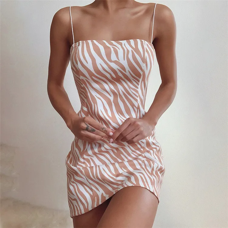 

Summer Pencil Dress Women Spaghetti Straps Print Mini Dresses Casual Streetwear 2020 New Beach Short Dress 2020 New, Khaki