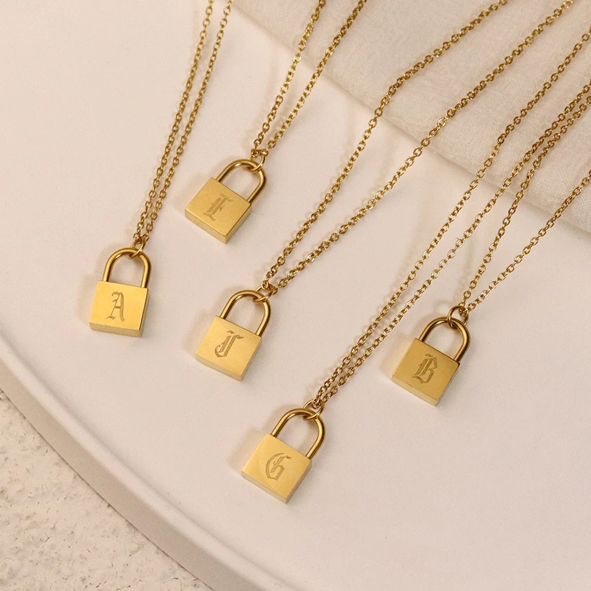 

26pcs/Set Stainless Steel Letter Jewelry Gold Padlock Necklace A-Z Alphabet Old English Initial Lock Pendant Necklace for Women