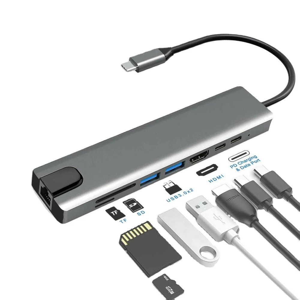 

High Quality Usb type c Hub 8 in 1 Usb Hub Multi Function Adapter for MacBook Pro and Laptops Hub, Silver