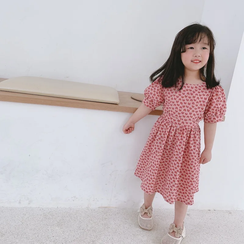 

Girl Princess Dress 2021New Summer Korean Style Cotton Baby Love Printed Puff Sleeve Backless Dress Party Wear Dresses For Girls