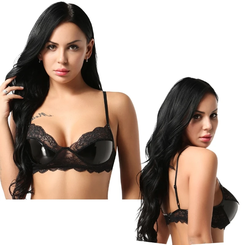 

Low Price Women Faux Leather Black Bralette Adjustable Spaghetti Straps Lingerie Lace Bra Tops