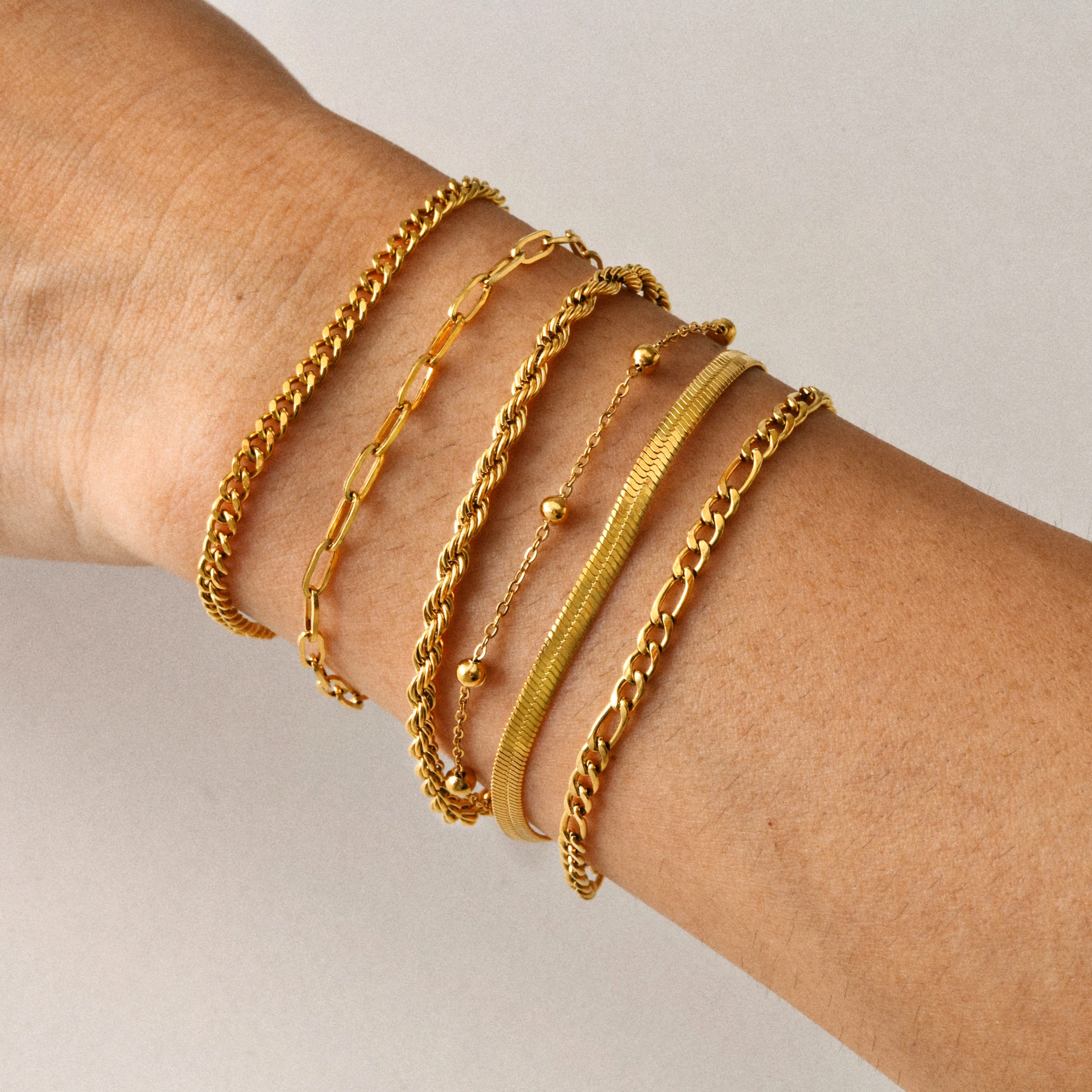 High End Gold Plated Stainless Steel Zircon Snake Rope Paper Clip Figaro Chain 6 Pcs/set Bracelet for Women Wholesale Jewelry