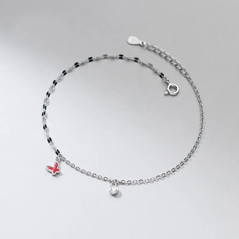 

100% 925 Sterling Silver Butterfly Round Zircon Charm Anklets For Women Girls Gifts
