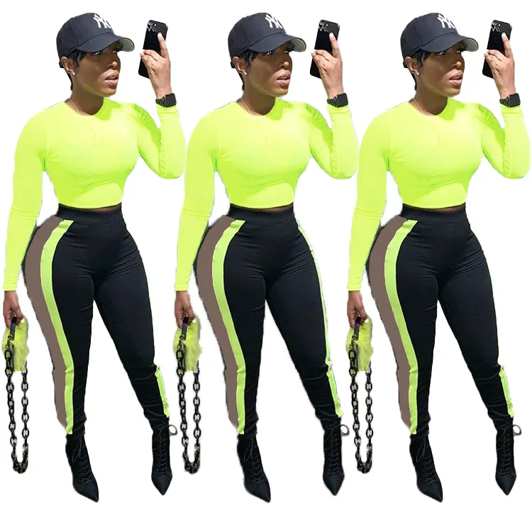 

Women Casual Fluorescent Color Two Piece Outfits Women Long Sleeve Yoga Set Tracksuit Jogging Suit femmes ensembles deux pieces