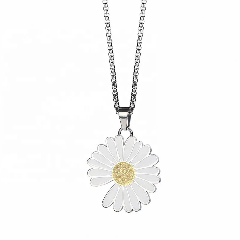 

Factory Direct Sale High Quality Hot Selling Fashion Simple 316L Stainless Steel Vintage Daisy Pendant Necklace, Silver