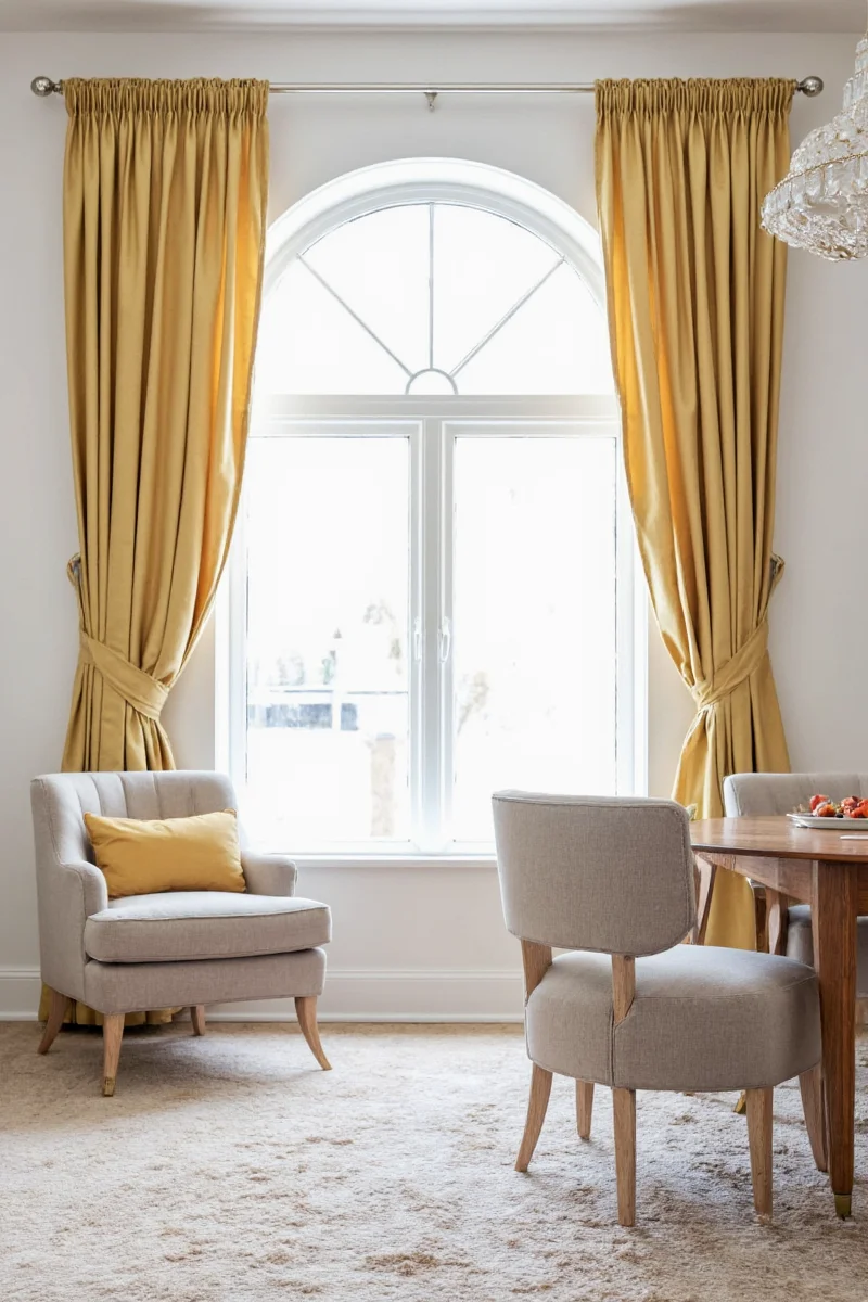 Evening view of closed archway curtains