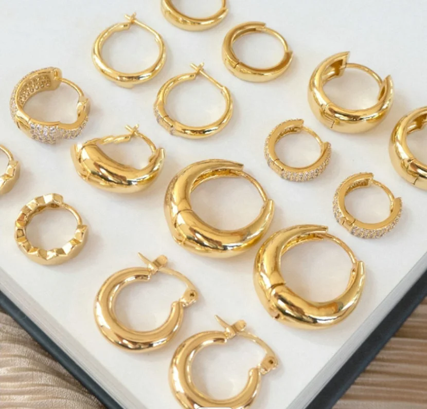 

Brass Hoop Huggies Earrings Small Large Circle Hoops CC rhinestone diamond Earrings Women Girls gold hoop earrings, Gold plated