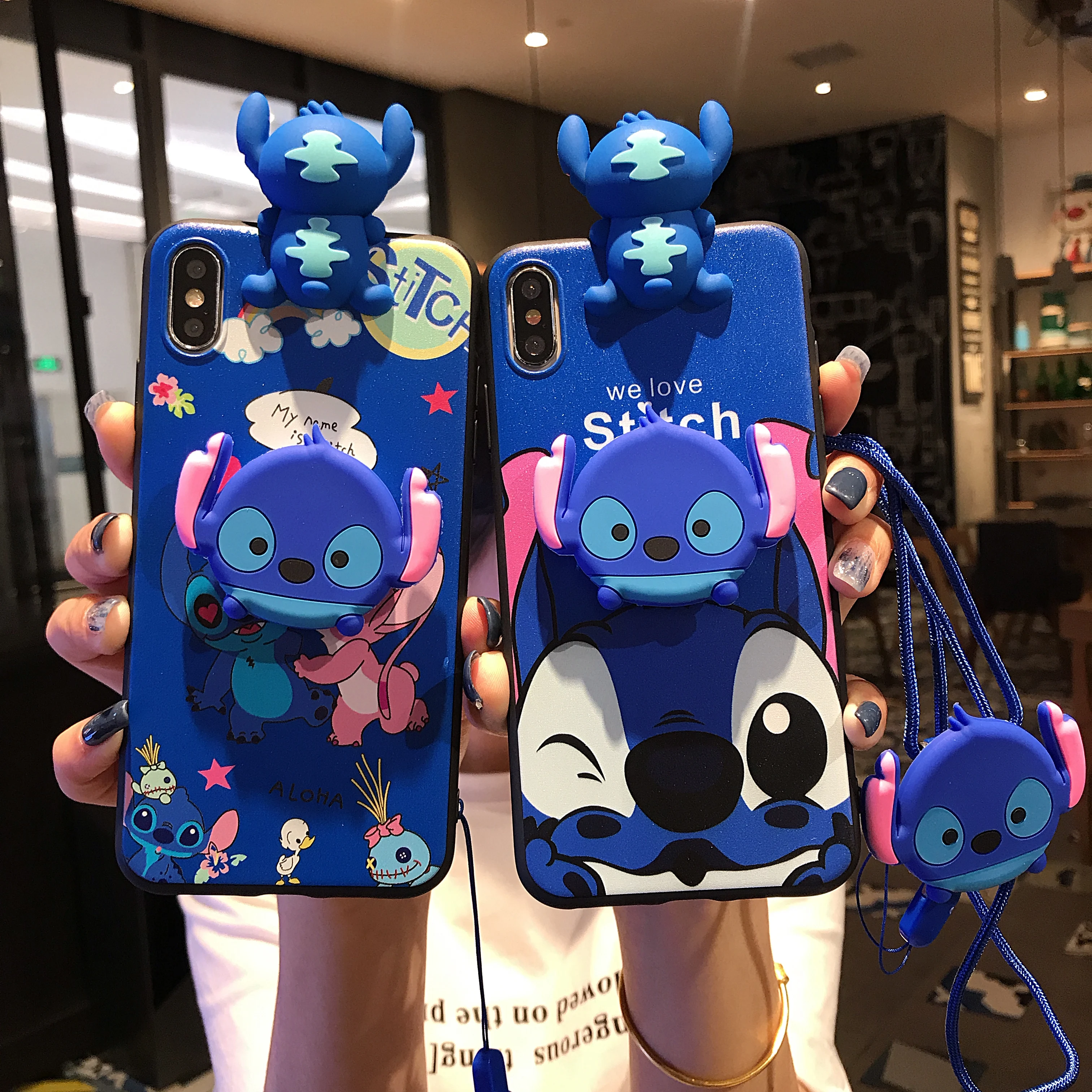 

For iPhone 12 Mini Pro Max 3D Doll Holder Stand Strap Papa Cute Cartoon Stitch Phone Case