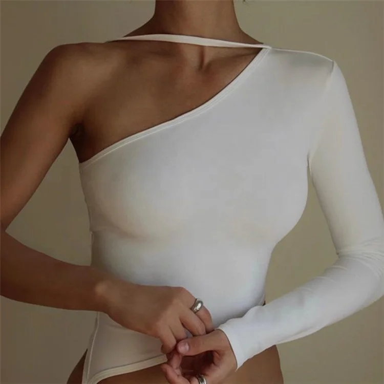 

DFDD093 Sexy Lace Up Solid Color Slim Asymmetrical White Top One Shoulder Blouse Shirt for women tops fashionable