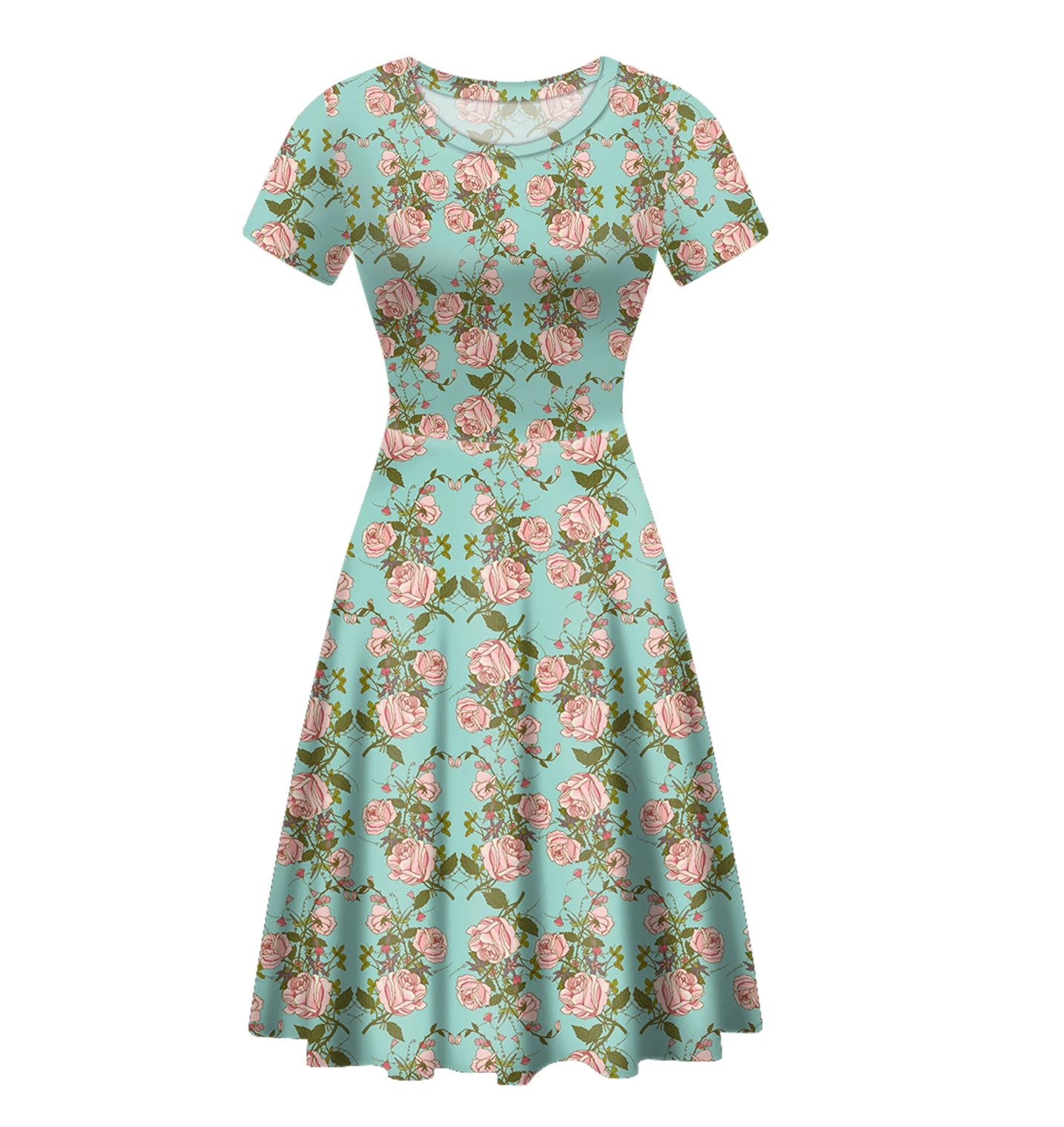 

Hot Sale Casual Dresses Custom Rose Floral Skull Print Elegant O-neck Beach Summer Sundress Female Casual Dresses
