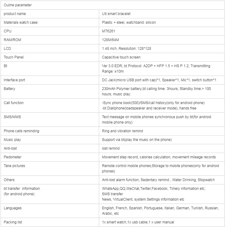 2019 Pedometer U8 Smart Watch for iPhone/Android, Multi Languages BT Smart Watch U8, Multi Functions U8 Smart watch