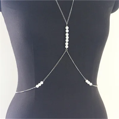 

Simple Design Pearl Charm Bikini Cross Body Chain Gold Plated Pearl Chest Bra Chain For Travel Wedding Accessories