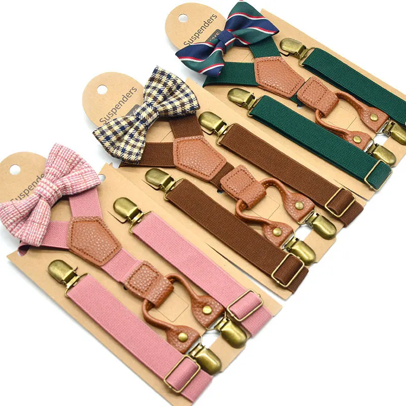 

New Design Suspenders Pants For Kids With Bow Tie Solid Elastic Adjustable Straps Brass Bowtie Boys Girls Suspenders