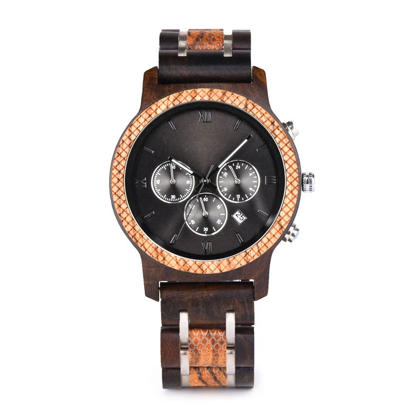 Popular Luxury Customized Brand Logo Chronograph Quartz Stainless Steel 22mm Mineral Glass Natural Timepieces Wooden Wristwatch